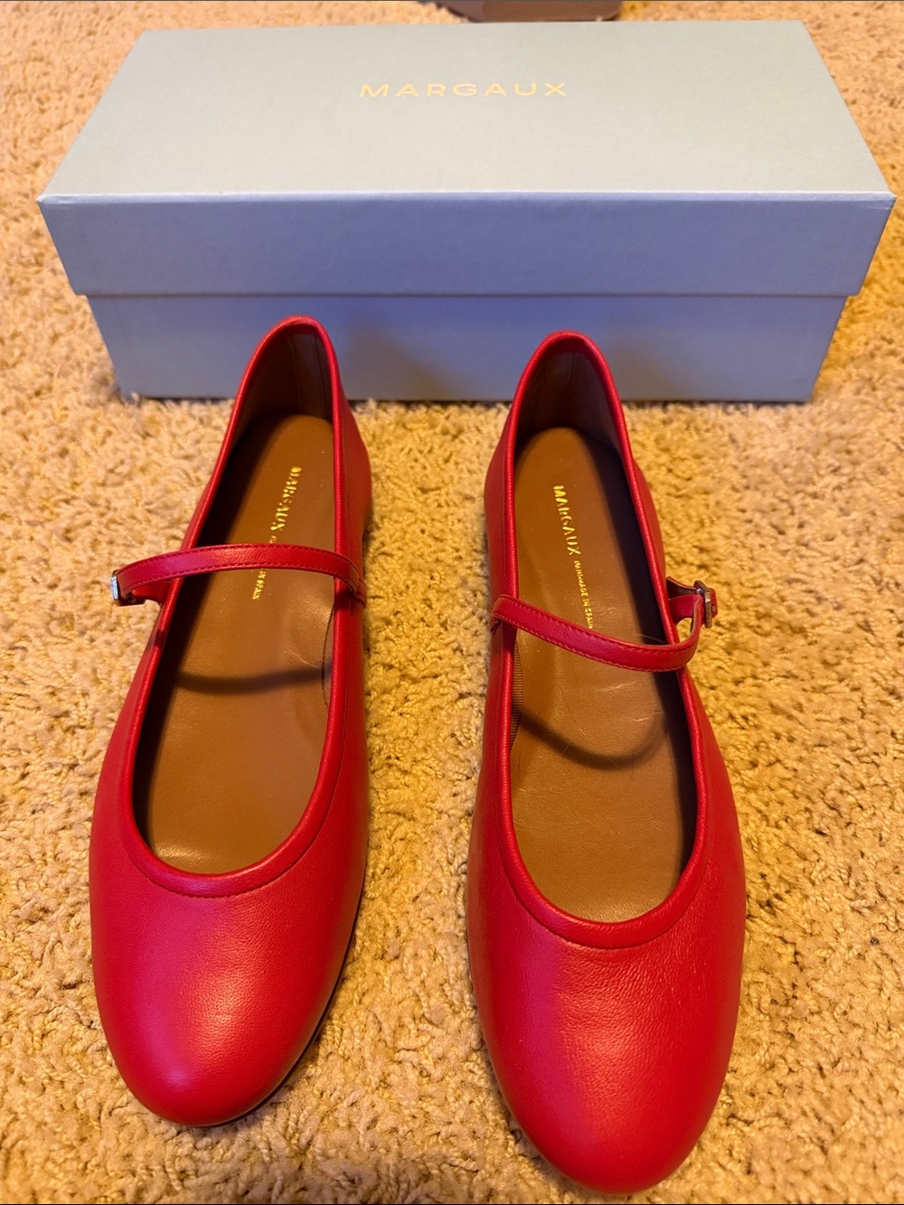 Margaux Red Leather Mary Jane Flats with Strap